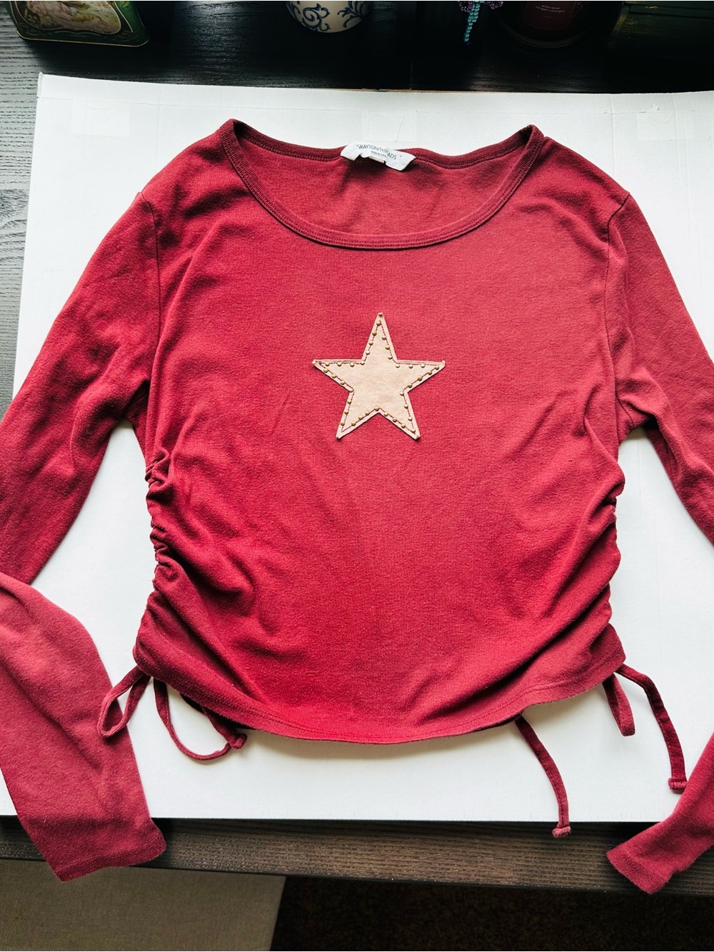 Grayson Threads Red Star Ruched Tie Side Top Y2K Grunge Size XL